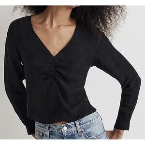 MADEWELL Brushed Ruched-Front True Black Long Sleeve Top SIZE 0 NWOT